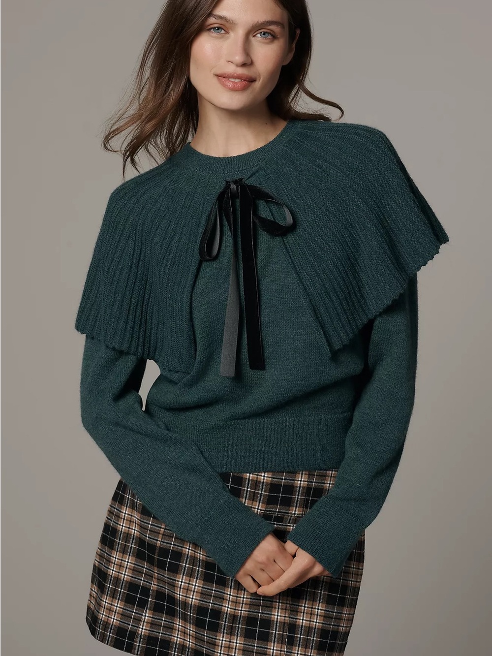 Maeve | Anthropologie | Dark Teal Tie Neck Ribbed Cape Sweater | Sz S